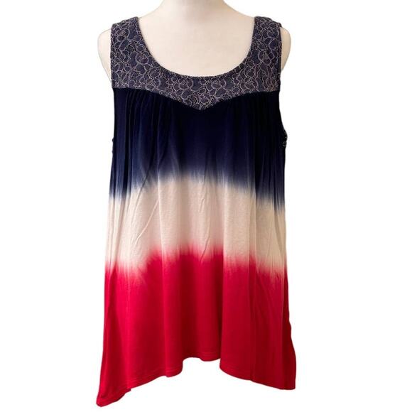 World Unity Blue White Red Sleeveless Flowy Blouse Top Criss Cross Back Size L - Picture 1 of 12